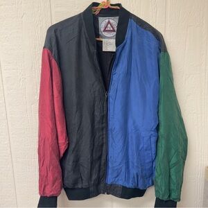 Vintage 1990s Silk Color block Bomber Jacket Black Red Green Men’s Small